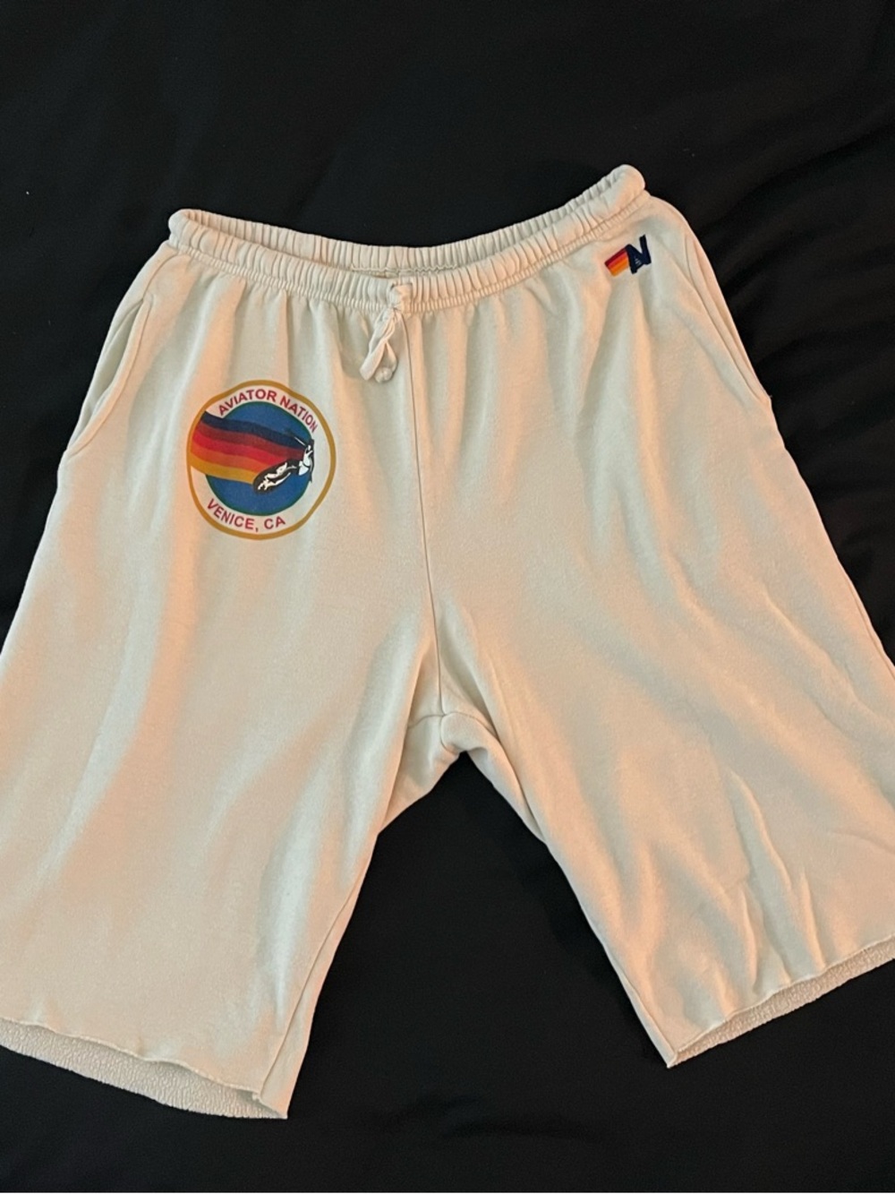Aviator Nation Cream Sweat Shorts with Rainbow Patch